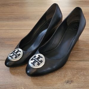 Tory Burch Black Leather Wedge with Silver Colour Emblem Size 7.5